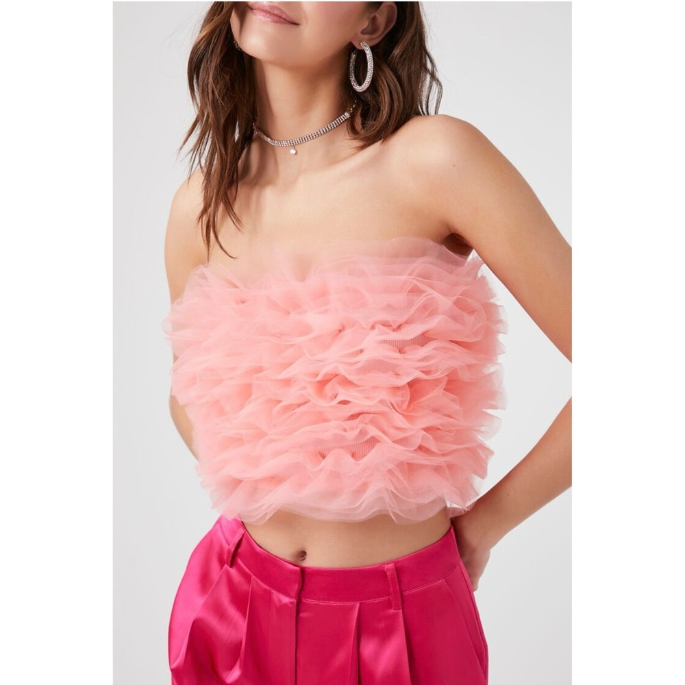 Pink Coral Peachy Tulle Ruffle Strapless Top
